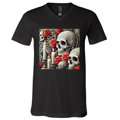 Skulls Roses And Candles Halloween Thrills Spooky Scary V-Neck T-Shirt