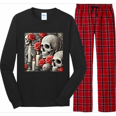 Skulls Roses And Candles Halloween Thrills Spooky Scary Long Sleeve Pajama Set