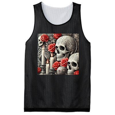 Skulls Roses And Candles Halloween Thrills Spooky Scary Mesh Reversible Basketball Jersey Tank