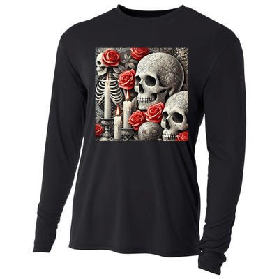 Skulls Roses And Candles Halloween Thrills Spooky Scary Cooling Performance Long Sleeve Crew