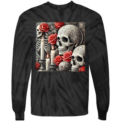 Skulls Roses And Candles Halloween Thrills Spooky Scary Tie-Dye Long Sleeve Shirt