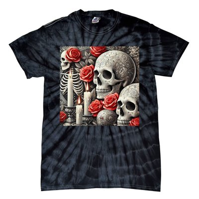 Skulls Roses And Candles Halloween Thrills Spooky Scary Tie-Dye T-Shirt