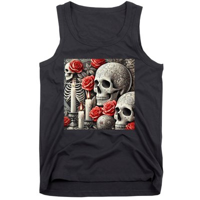 Skulls Roses And Candles Halloween Thrills Spooky Scary Tank Top