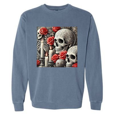 Skulls Roses And Candles Halloween Thrills Spooky Scary Garment-Dyed Sweatshirt