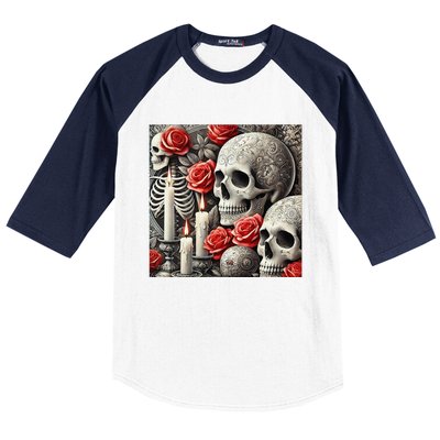 Skulls Roses And Candles Halloween Thrills Spooky Scary Baseball Sleeve Shirt