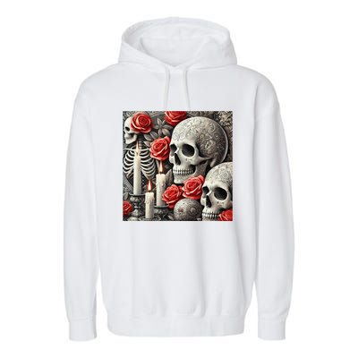 Skulls Roses And Candles Halloween Thrills Spooky Scary Garment-Dyed Fleece Hoodie