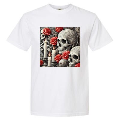 Skulls Roses And Candles Halloween Thrills Spooky Scary Garment-Dyed Heavyweight T-Shirt