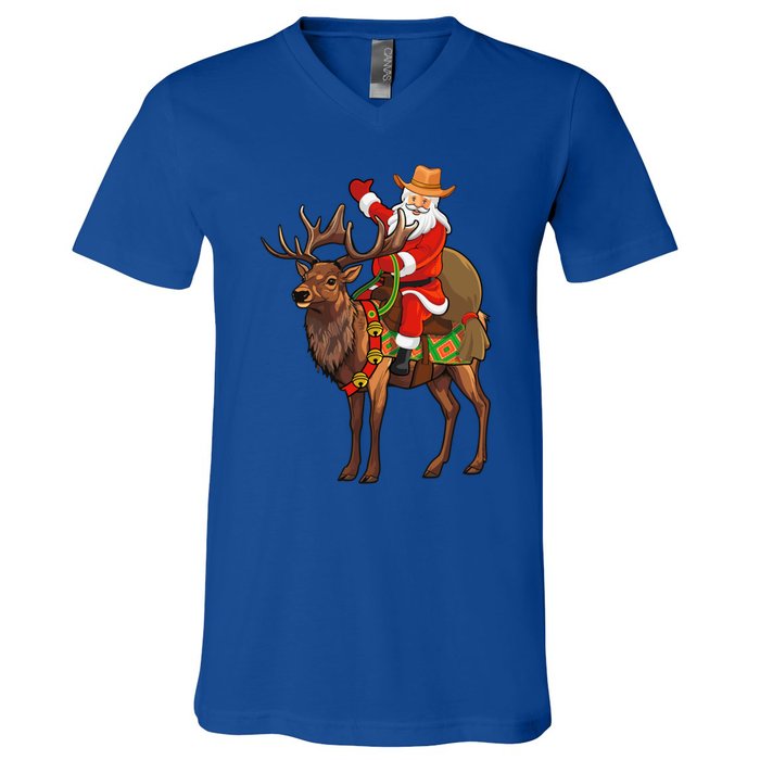 Santa Riding A Reindeer Funny Cow Christmas Gift V-Neck T-Shirt