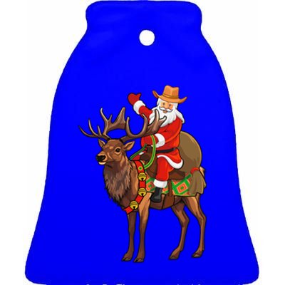 Santa Riding A Reindeer Funny Cow Christmas Gift Ceramic Bell Ornament