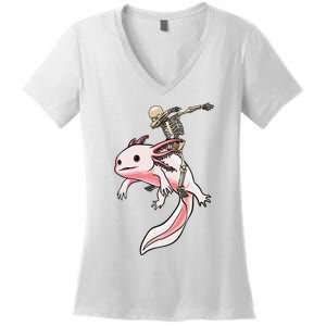 Skeleton Riding Axolotl Halloween Costume Cute Animal Lover  Women's V-Neck T-Shirt