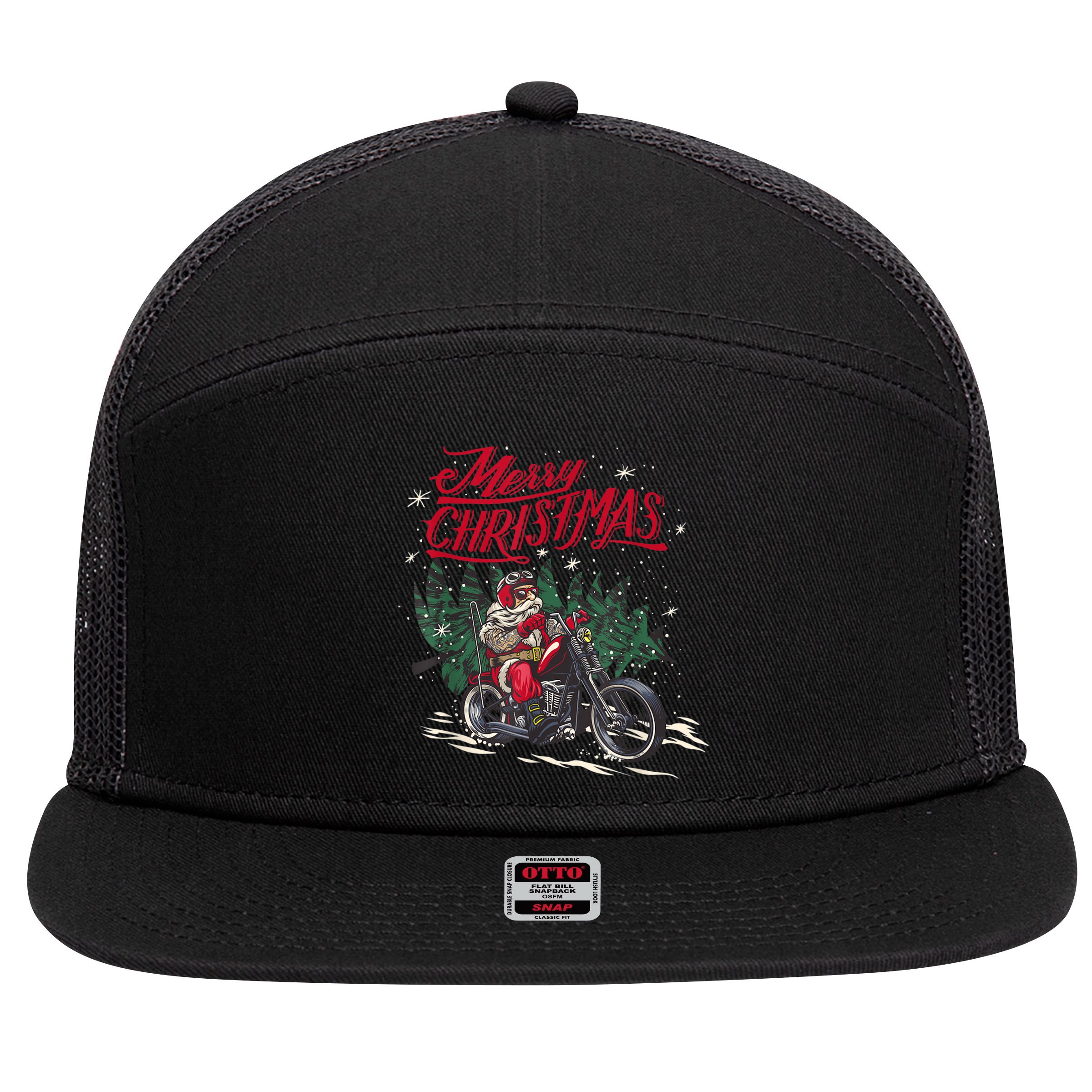Santa Riding A Motorcycle Christmas Design 7 Panel Mesh Trucker Snapback Hat