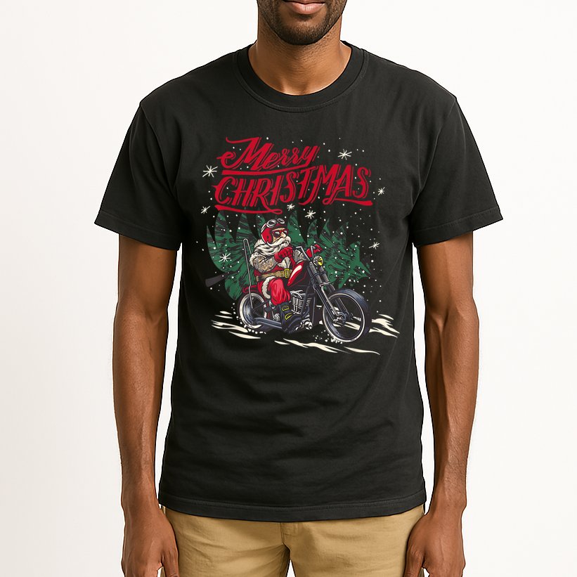 Santa Riding A Motorcycle Christmas Design Tall T-Shirt