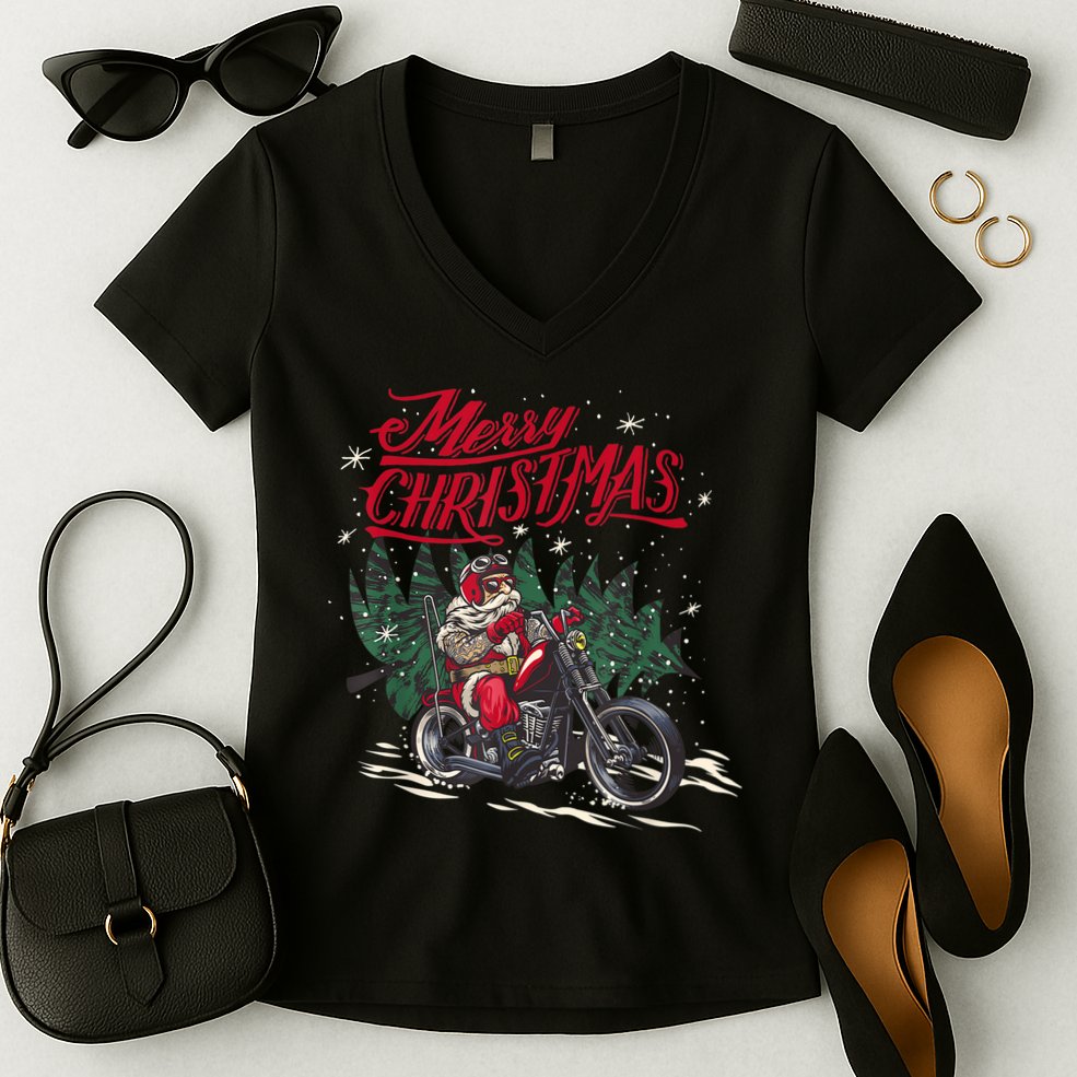 Santa Riding A Motorcycle Christmas Design Women's V-Neck T-Shirt