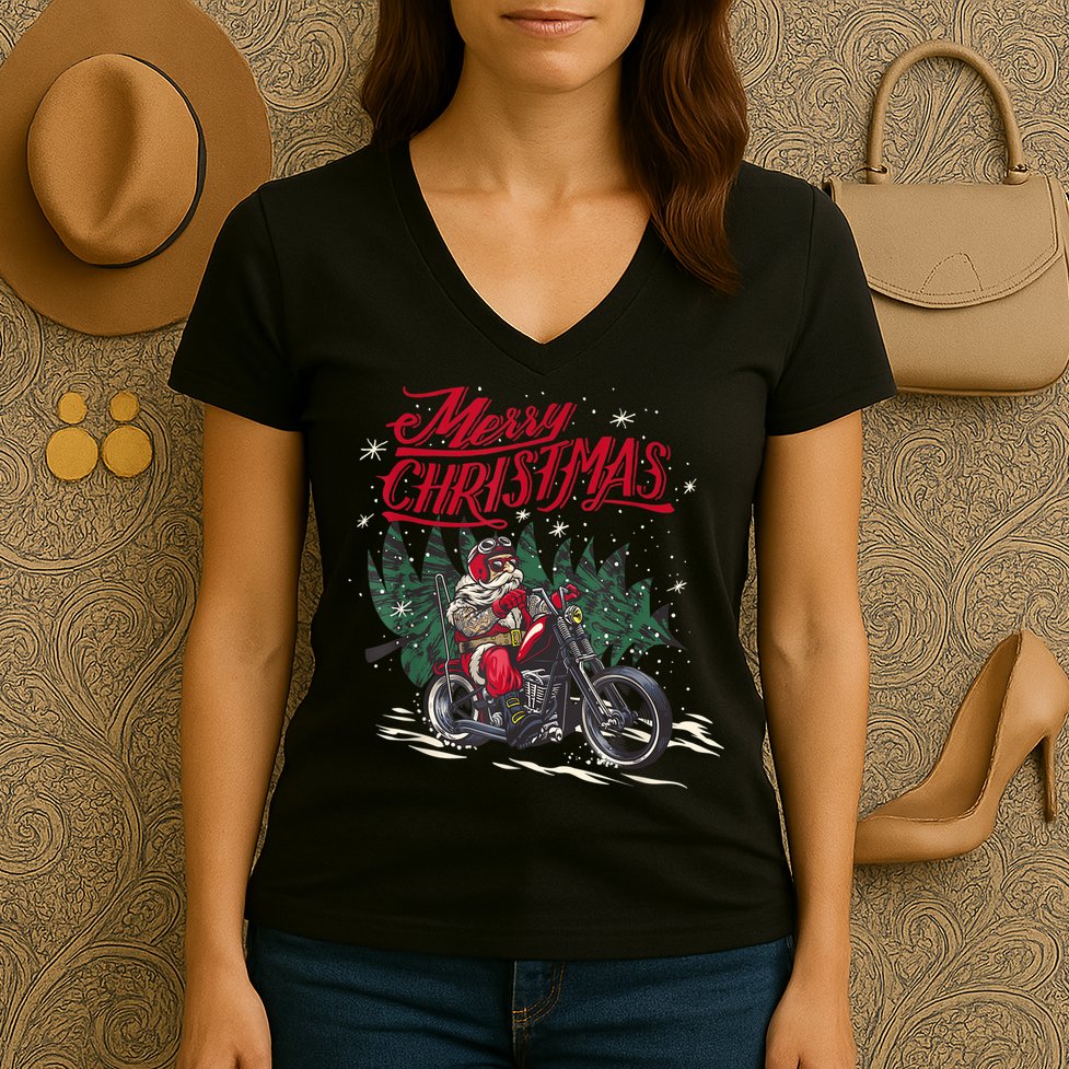 Santa Riding A Motorcycle Christmas Design Women's V-Neck T-Shirt