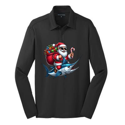 Santa Riding A Majestic Ocean Marlin Fish Christmas Funny Giflt Silk Touch Performance Long Sleeve Polo