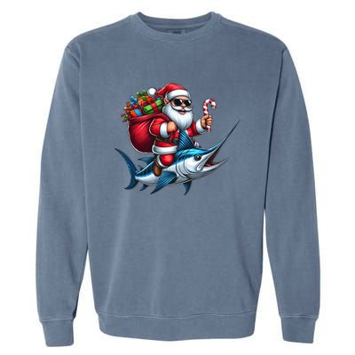 Santa Riding A Majestic Ocean Marlin Fish Christmas Funny Giflt Garment-Dyed Sweatshirt