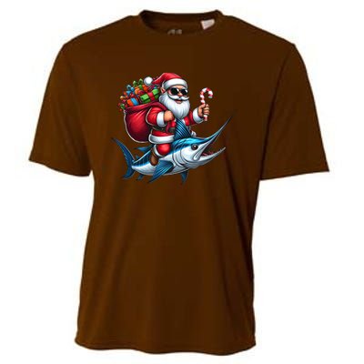 Santa Riding A Majestic Ocean Marlin Fish Christmas Funny Giflt Cooling Performance Crew T-Shirt