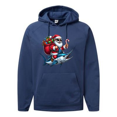 Santa Riding A Majestic Ocean Marlin Fish Christmas Funny Giflt Performance Fleece Hoodie