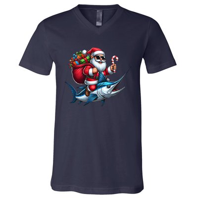 Santa Riding A Majestic Ocean Marlin Fish Christmas Funny Giflt V-Neck T-Shirt