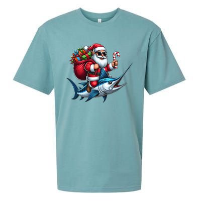 Santa Riding A Majestic Ocean Marlin Fish Christmas Funny Giflt Sueded Cloud Jersey T-Shirt