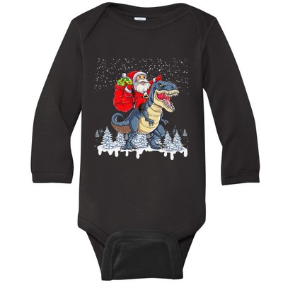 Santa Riding A Dinosaur Funny Christmas Cute Xmas Trex Baby Long Sleeve Bodysuit