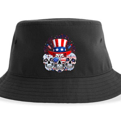 Skull Retro American Flag 4th Of July Funny Halloween Dad Gift Sustainable Bucket Hat