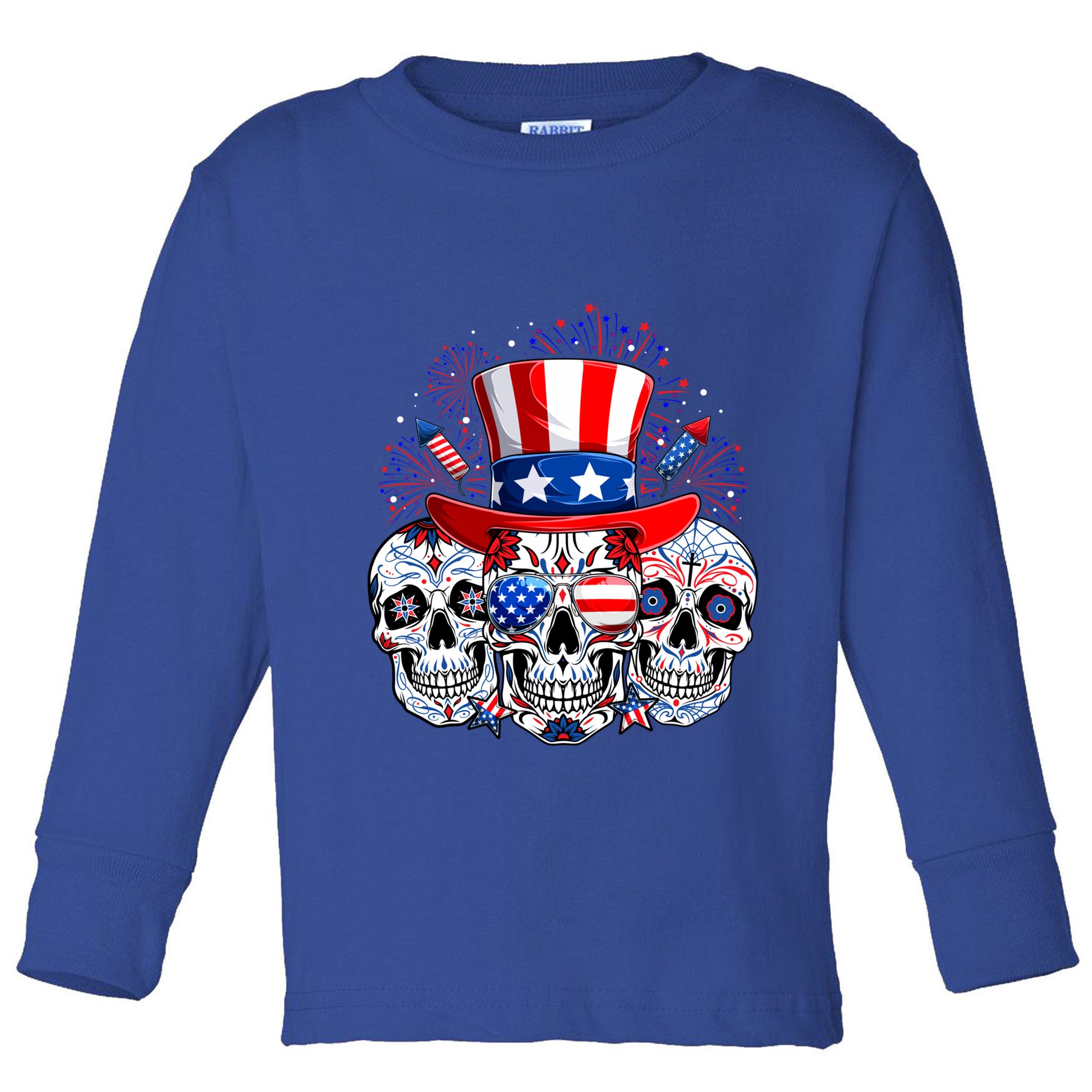 Skull Retro American Flag 4th Of July Funny Halloween Dad Gift Toddler Long Sleeve Shirt