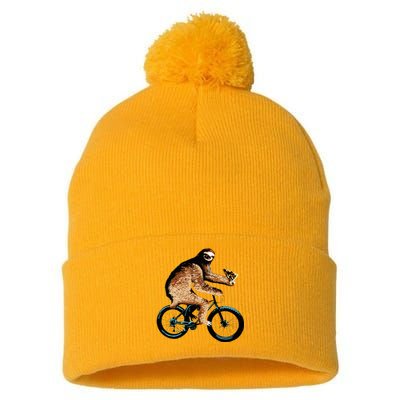 Sloth Riding A Bicycle Eating Pizza  Fatbike Pom Pom 12in Knit Beanie