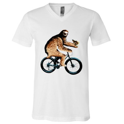 Sloth Riding A Bicycle Eating Pizza  Fatbike V-Neck T-Shirt