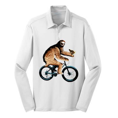 Sloth Riding A Bicycle Eating Pizza  Fatbike Silk Touch Performance Long Sleeve Polo