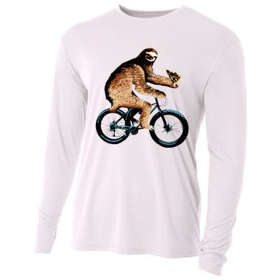 Sloth Riding A Bicycle Eating Pizza  Fatbike Cooling Performance Long Sleeve Crew