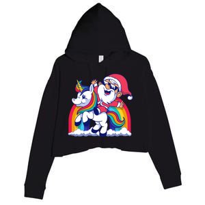 Santa Riding A Unicorn Funny Rainbow Christmas Gift Crop Fleece Hoodie