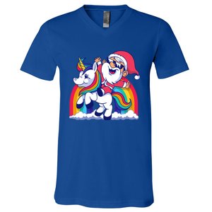 Santa Riding A Unicorn Funny Rainbow Christmas Gift V-Neck T-Shirt