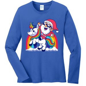 Santa Riding A Unicorn Funny Rainbow Christmas Gift Ladies Long Sleeve Shirt