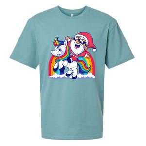 Santa Riding A Unicorn Funny Rainbow Christmas Gift Sueded Cloud Jersey T-Shirt