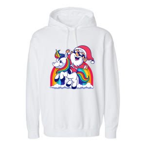 Santa Riding A Unicorn Funny Rainbow Christmas Gift Garment-Dyed Fleece Hoodie