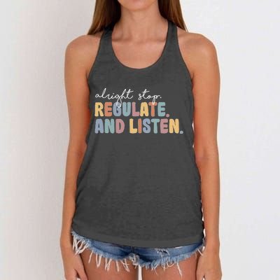 Stop Regulate And Listen School Therapist Women's Knotted Racerback Tank