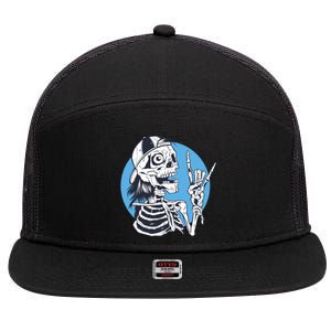 Skeleton Rock And Roll Cartoon 7 Panel Mesh Trucker Snapback Hat