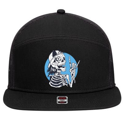 Skeleton Rock And Roll Cartoon 7 Panel Mesh Trucker Snapback Hat