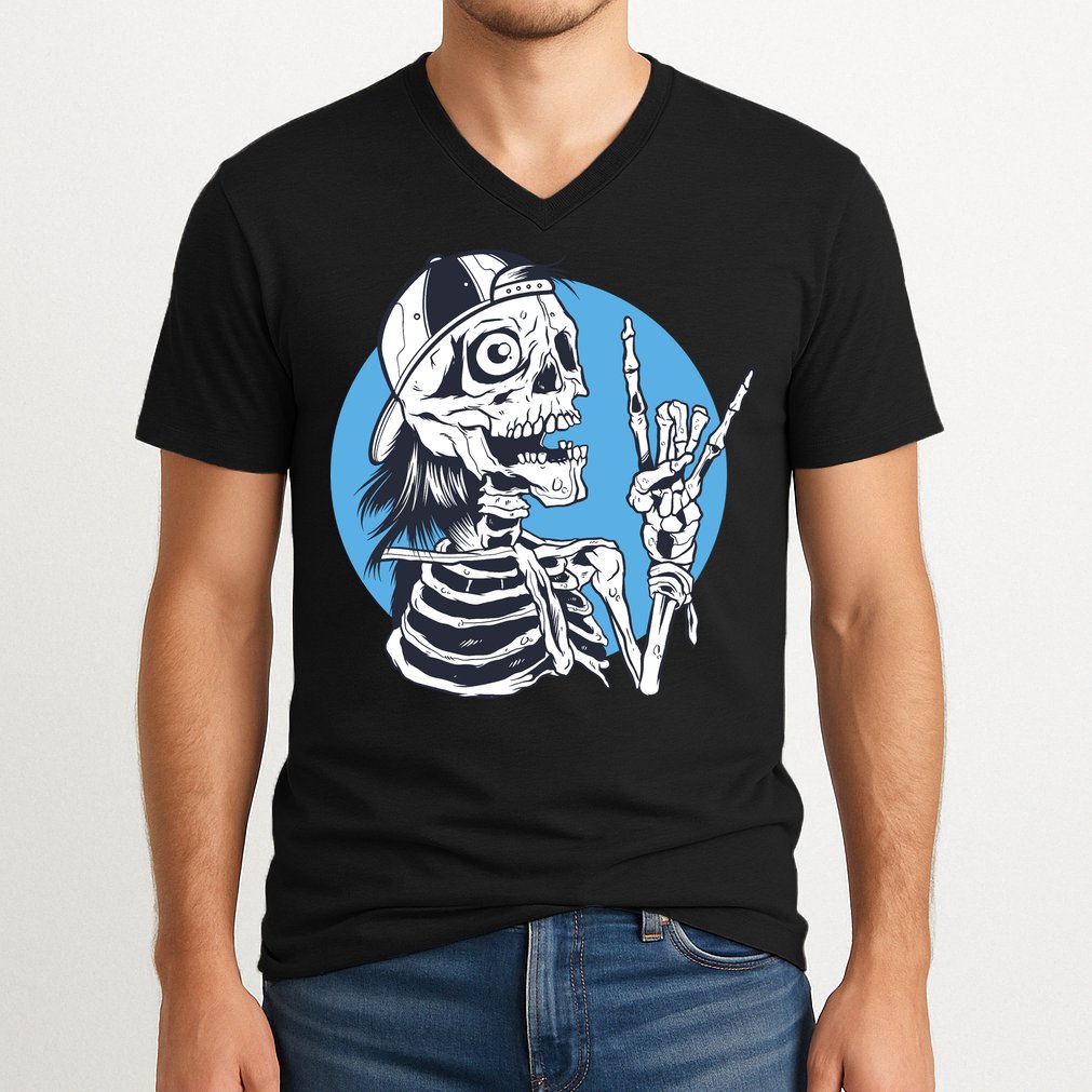 Skeleton Rock And Roll Cartoon V-Neck T-Shirt