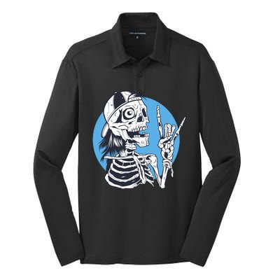 Skeleton Rock And Roll Cartoon Silk Touch Performance Long Sleeve Polo