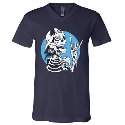 Skeleton Rock And Roll Cartoon V-Neck T-Shirt