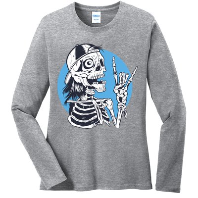 Skeleton Rock And Roll Cartoon Ladies Long Sleeve Shirt