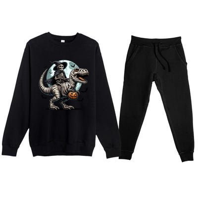 Skeleton Riding A Mummy Dinosaur Trex Premium Crewneck Sweatsuit Set