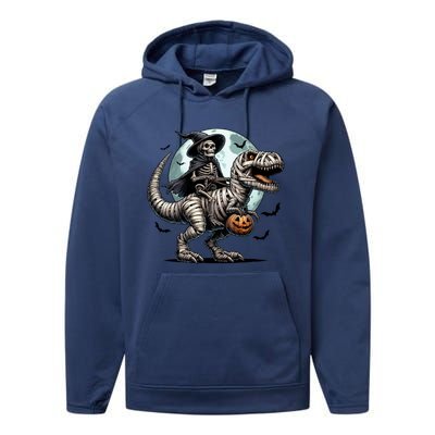 Skeleton Riding A Mummy Dinosaur Trex Performance Fleece Hoodie