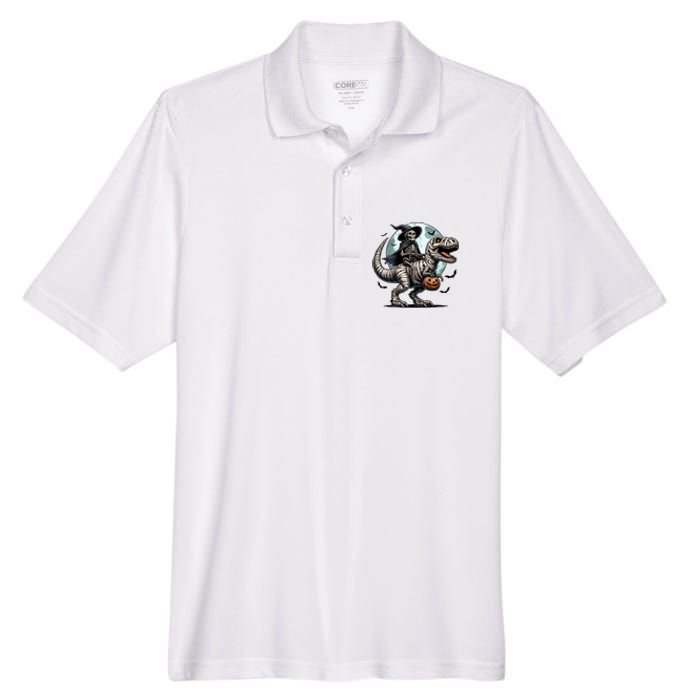 Skeleton Riding A Mummy Dinosaur Trex Men's Origin Performance Pique Polo