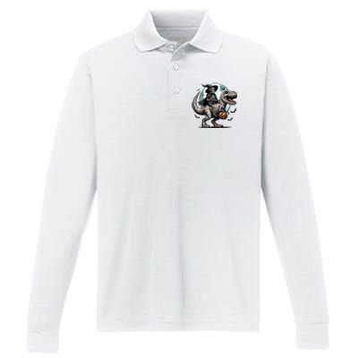 Skeleton Riding A Mummy Dinosaur Trex Performance Long Sleeve Polo