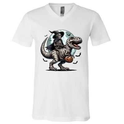 Skeleton Riding A Mummy Dinosaur Trex V-Neck T-Shirt