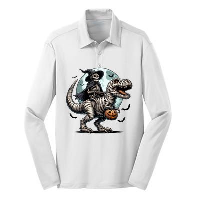 Skeleton Riding A Mummy Dinosaur Trex Silk Touch Performance Long Sleeve Polo