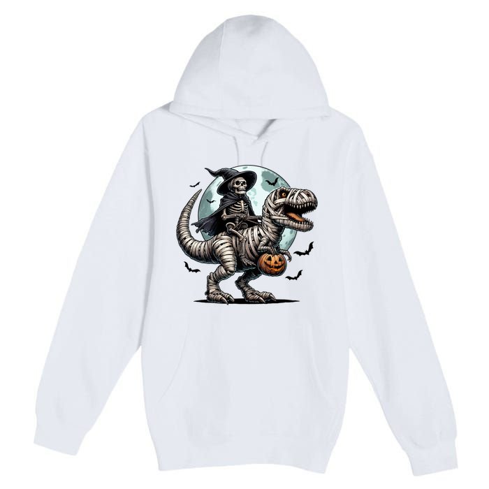 Skeleton Riding A Mummy Dinosaur Trex Premium Pullover Hoodie